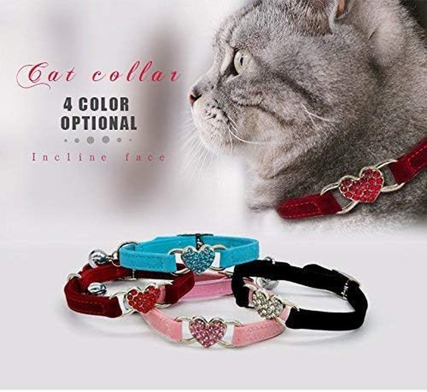 Charming Pink Soft Velvet Cat Collar with Crystal Heart Charm & Bells - Adjustable for Small Pets (8-11 Inches) - Available in 6 Stylish Colors