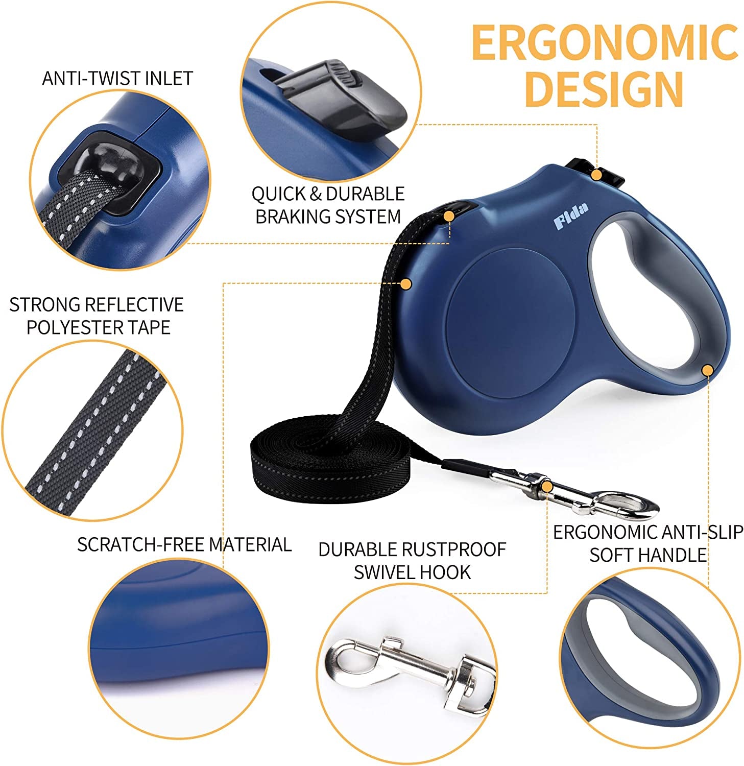 Retractable 16 Ft Dog Leash for Large Breeds - Includes Poop Bag Dispenser, Anti-Slip Handle & Tangle-Free Design in Navy Blue