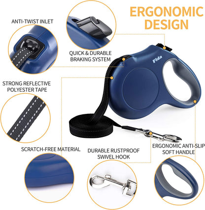 Retractable 16 Ft Dog Leash for Large Breeds - Includes Poop Bag Dispenser, Anti-Slip Handle & Tangle-Free Design in Navy Blue
