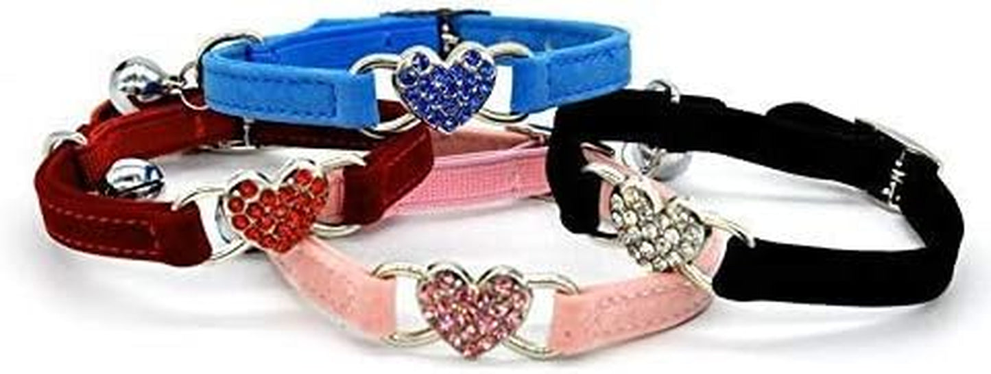Charming Pink Soft Velvet Cat Collar with Crystal Heart Charm & Bells - Adjustable for Small Pets (8-11 Inches) - Available in 6 Stylish Colors