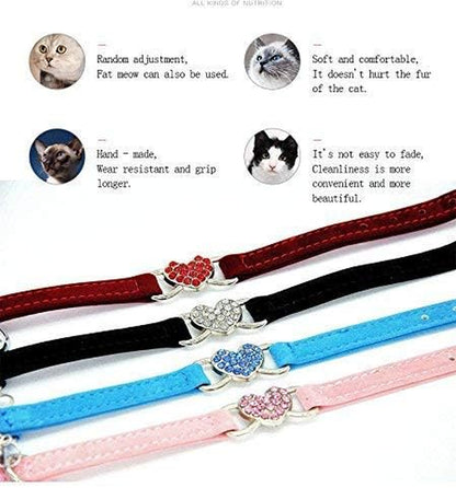 Charming Pink Soft Velvet Cat Collar with Crystal Heart Charm & Bells - Adjustable for Small Pets (8-11 Inches) - Available in 6 Stylish Colors