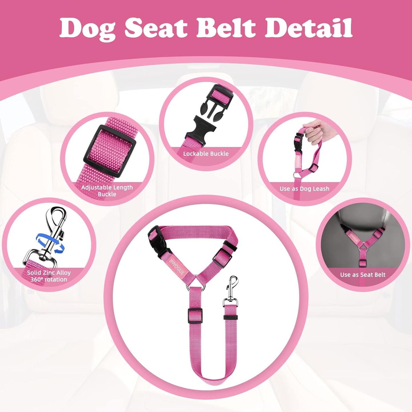 Adjustable Pet Safety Seat Belt Strap - 2 Pack for Dogs and Cats - Durable Nylon Fabric Restraint for Car Travel