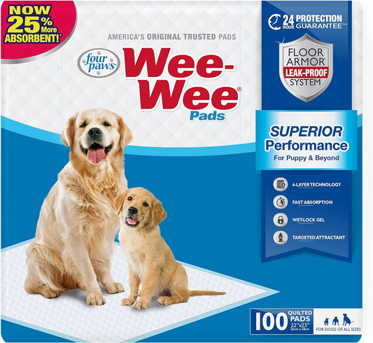 Wee-Wee Superior Performance Unscented Dog & Puppy Pee Pads - 100 Count of Leak-Proof, Quilted Potty Training Pads for All Sizes - 22" x 23"