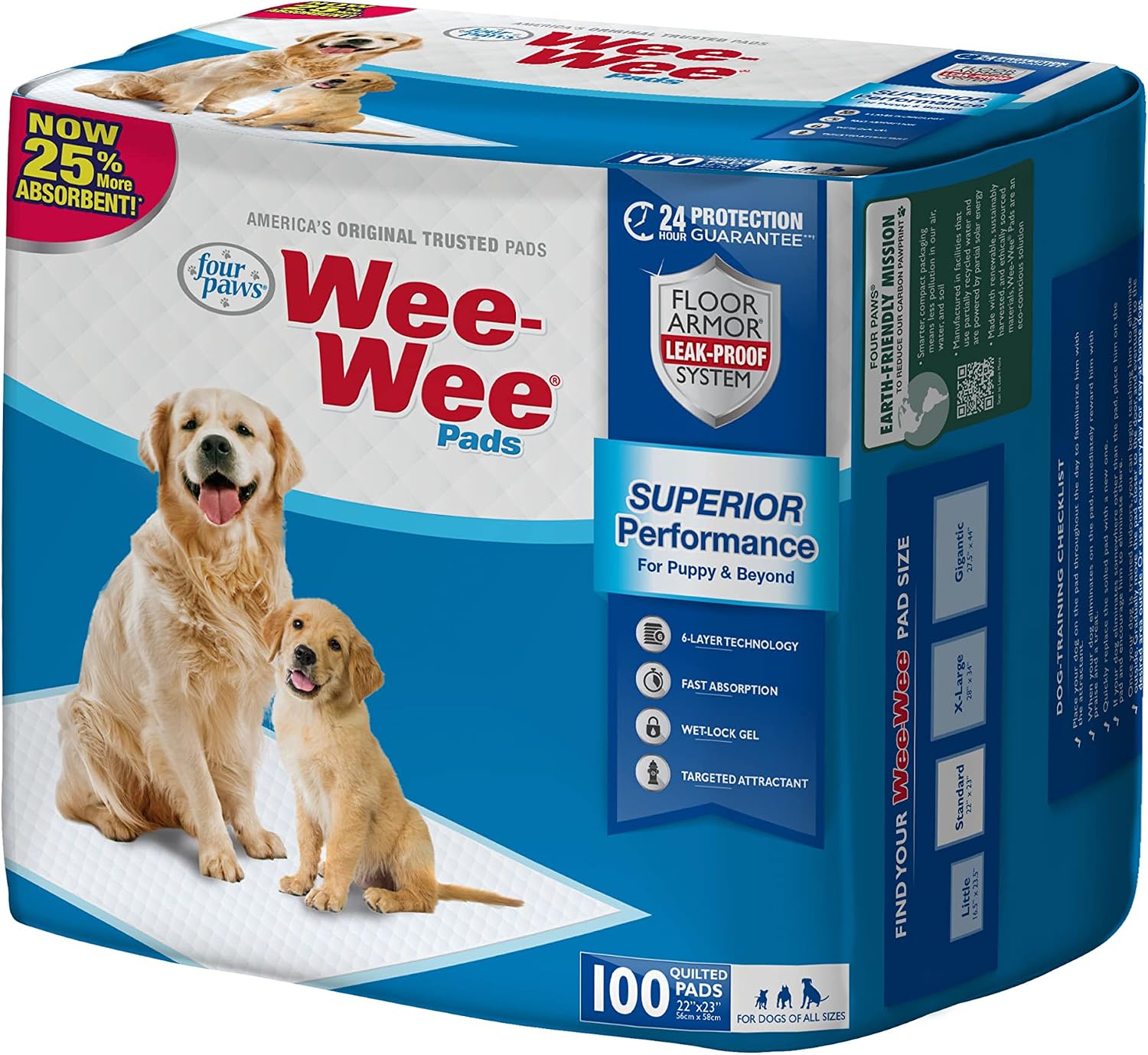 Wee-Wee Superior Performance Unscented Dog & Puppy Pee Pads - 100 Count of Leak-Proof, Quilted Potty Training Pads for All Sizes - 22" x 23"