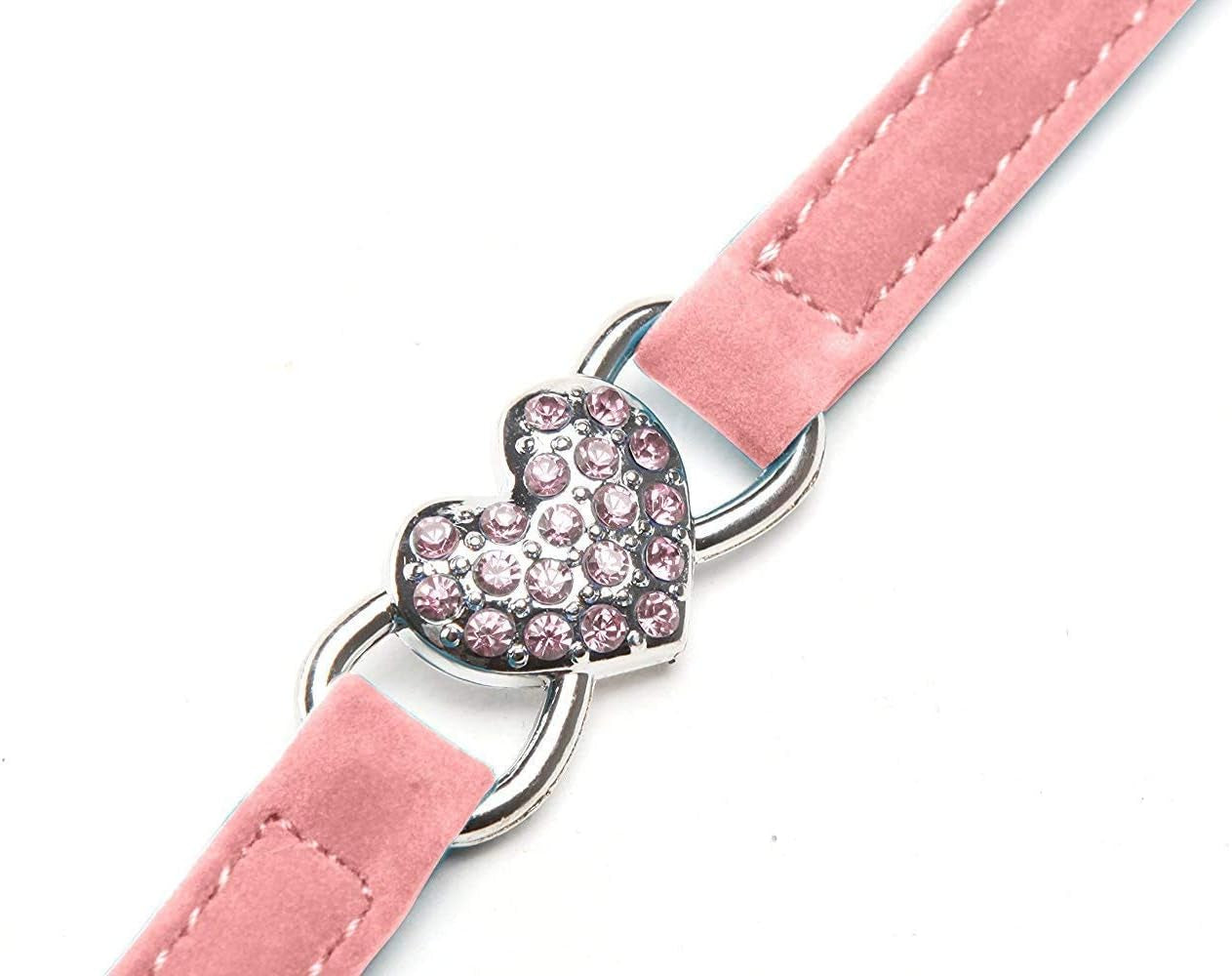 Charming Pink Soft Velvet Cat Collar with Crystal Heart Charm & Bells - Adjustable for Small Pets (8-11 Inches) - Available in 6 Stylish Colors