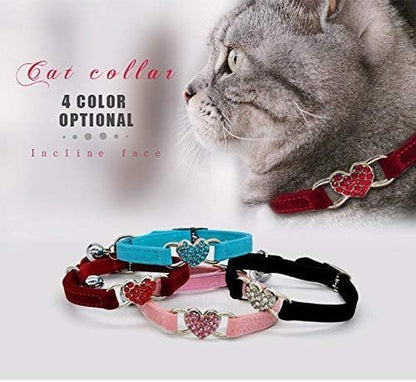 Charming Pink Soft Velvet Cat Collar with Crystal Heart Charm & Bells - Adjustable for Small Pets (8-11 Inches) - Available in 6 Stylish Colors