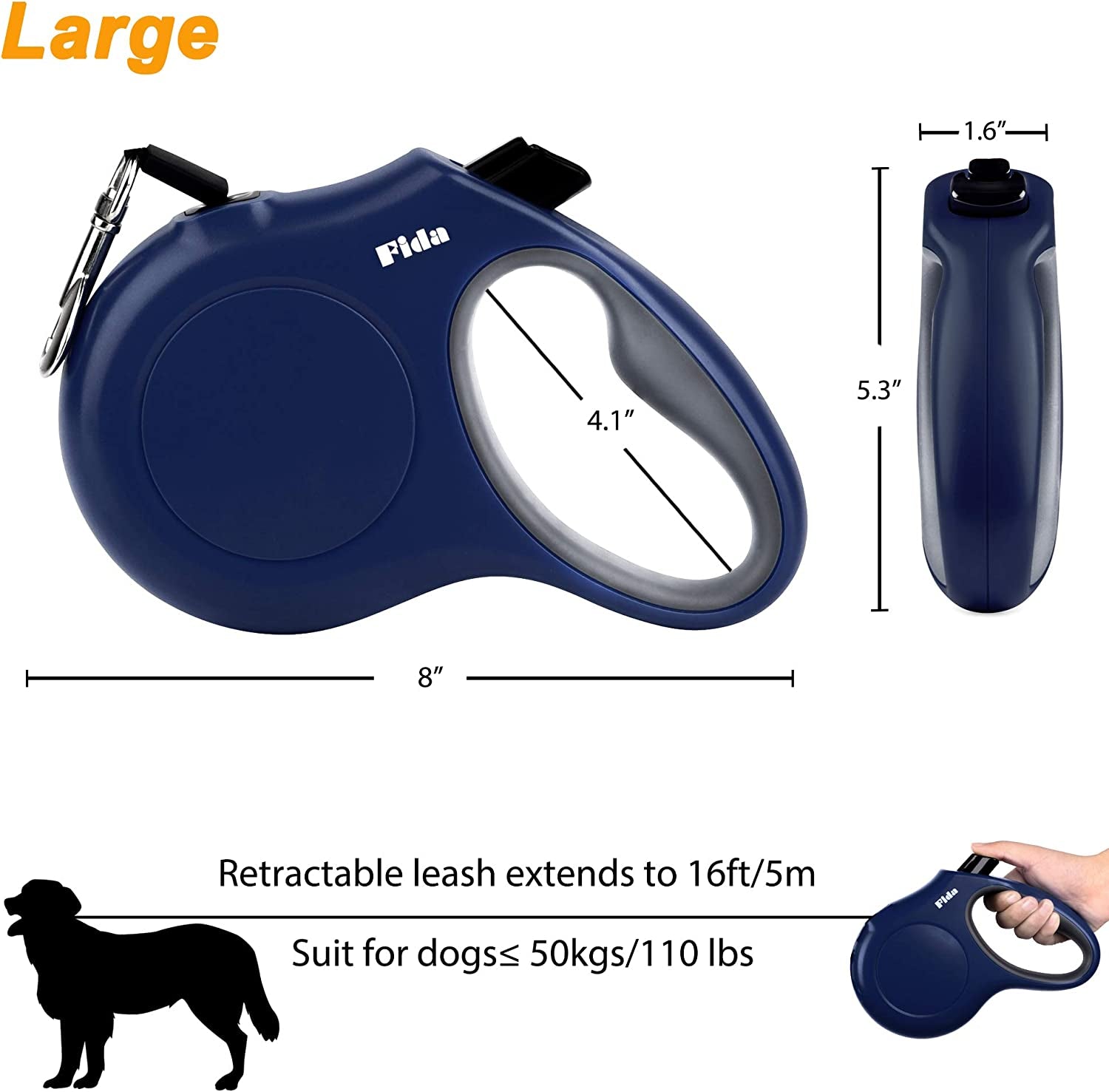 Retractable 16 Ft Dog Leash for Large Breeds - Includes Poop Bag Dispenser, Anti-Slip Handle & Tangle-Free Design in Navy Blue
