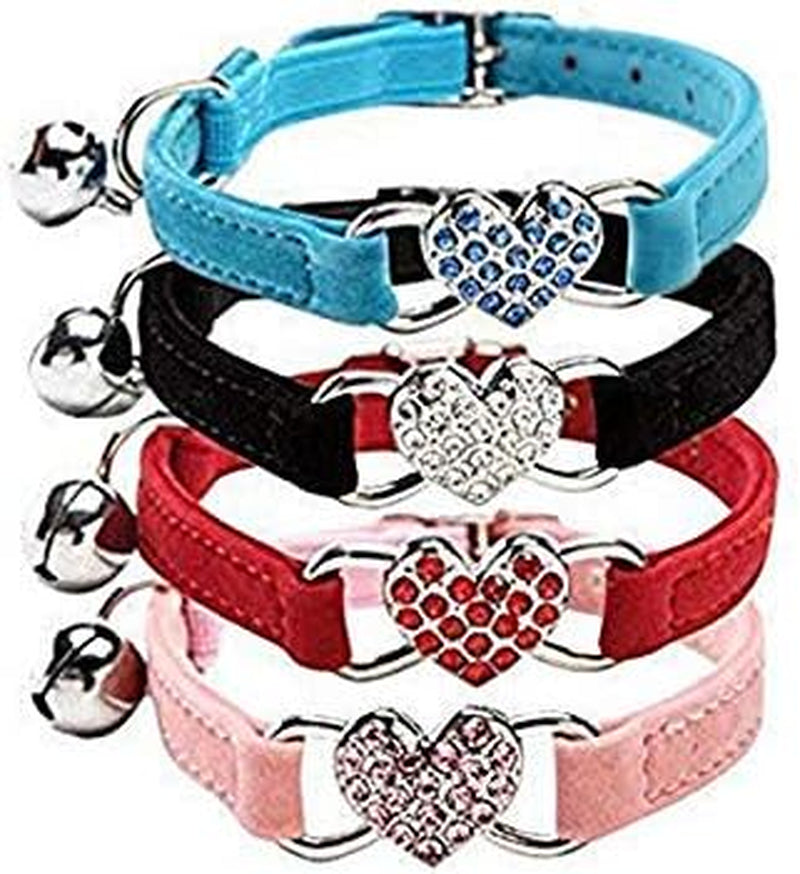 Charming Pink Soft Velvet Cat Collar with Crystal Heart Charm & Bells - Adjustable for Small Pets (8-11 Inches) - Available in 6 Stylish Colors