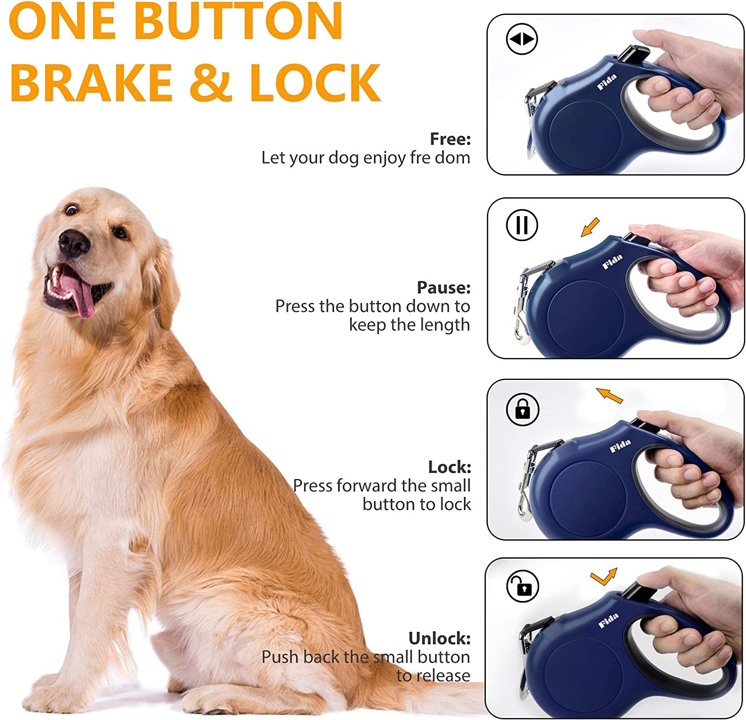 Retractable 16 Ft Dog Leash for Large Breeds - Includes Poop Bag Dispenser, Anti-Slip Handle & Tangle-Free Design in Navy Blue