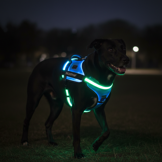 USB Rechargeable LED Dog Harness glowing at night